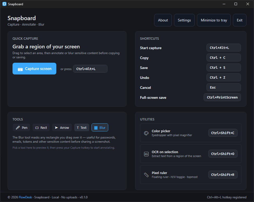 Snapboard main window with capture button, shortcuts panel, and utility tools.